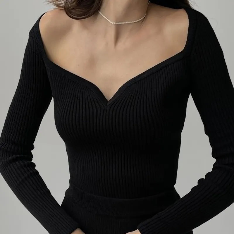 Square Neck Slim Knit Sweater with Long Sleeves Top