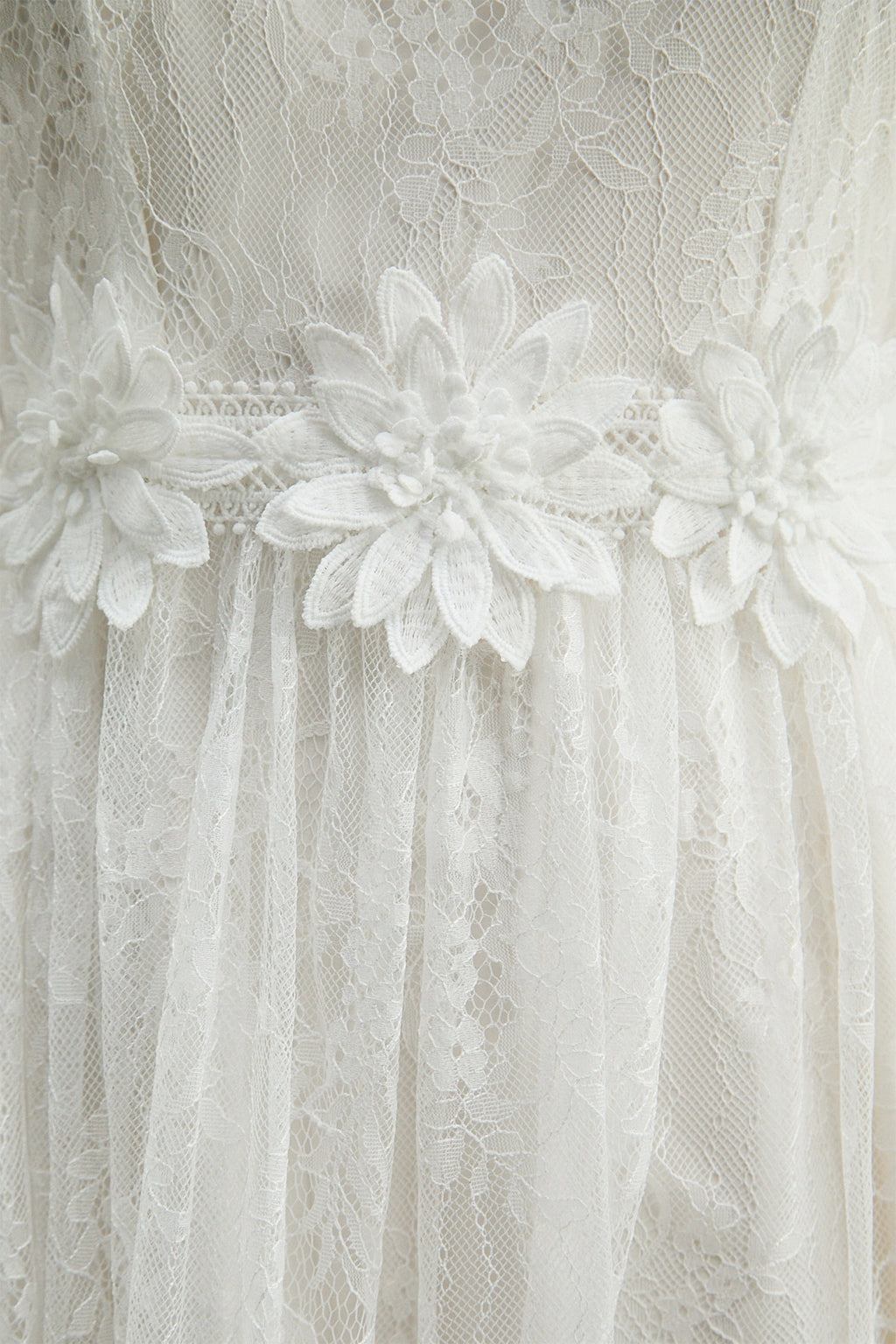 Bright Beauty White Floral Applique Sheer Lace Maxi Dress