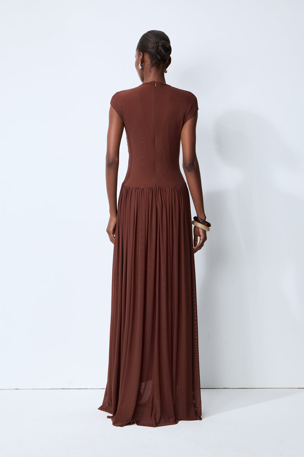 Enchanting Romantic Brown Cap Sleeve Ruched Knit Maxi Dress