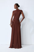 Enchanting Romantic Brown Cap Sleeve Ruched Knit Maxi Dress