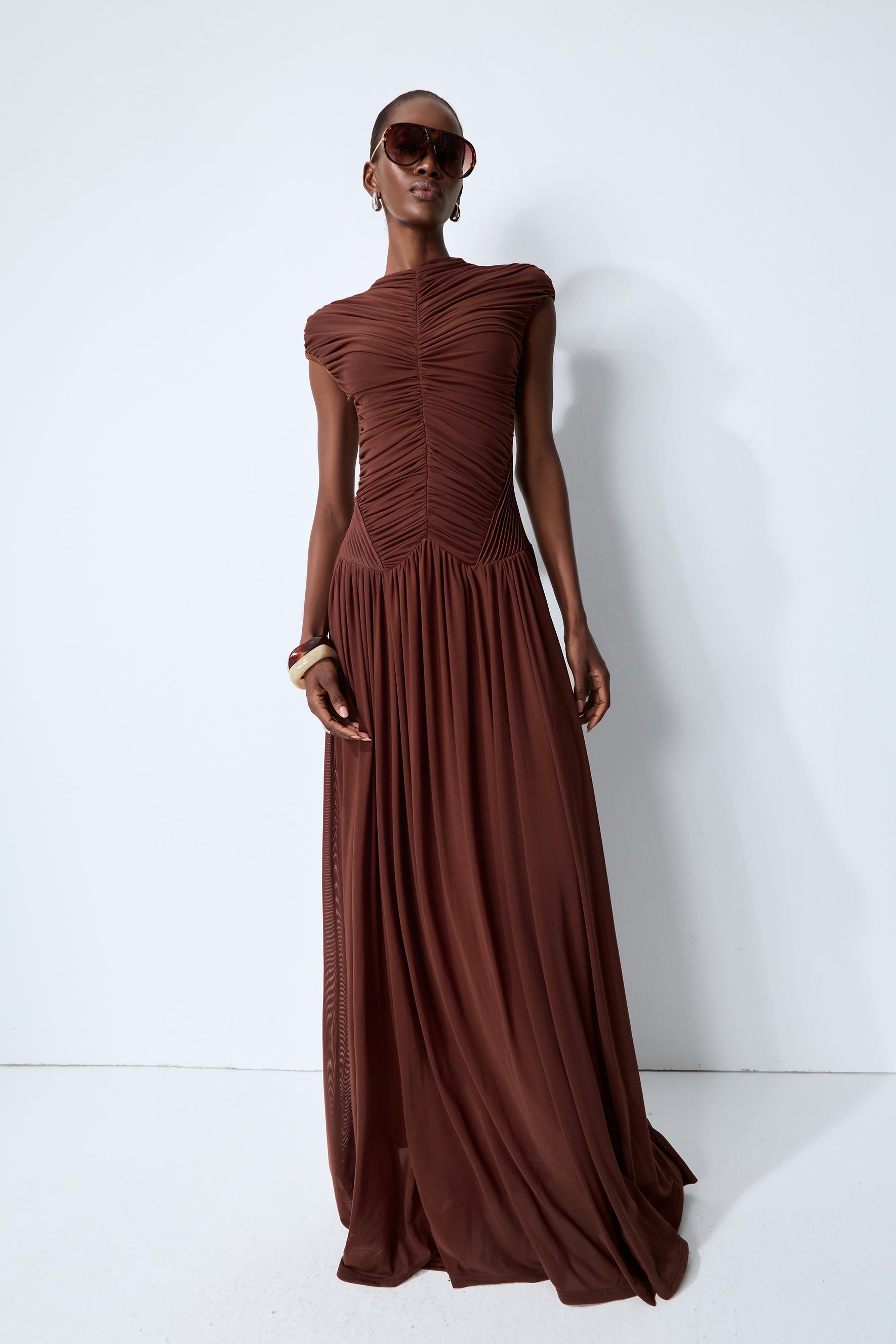 Enchanting Romantic Brown Cap Sleeve Ruched Knit Maxi Dress