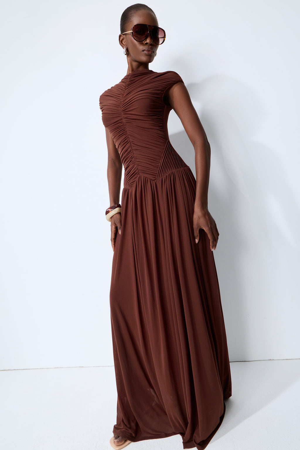 Enchanting Romantic Brown Cap Sleeve Ruched Knit Maxi Dress