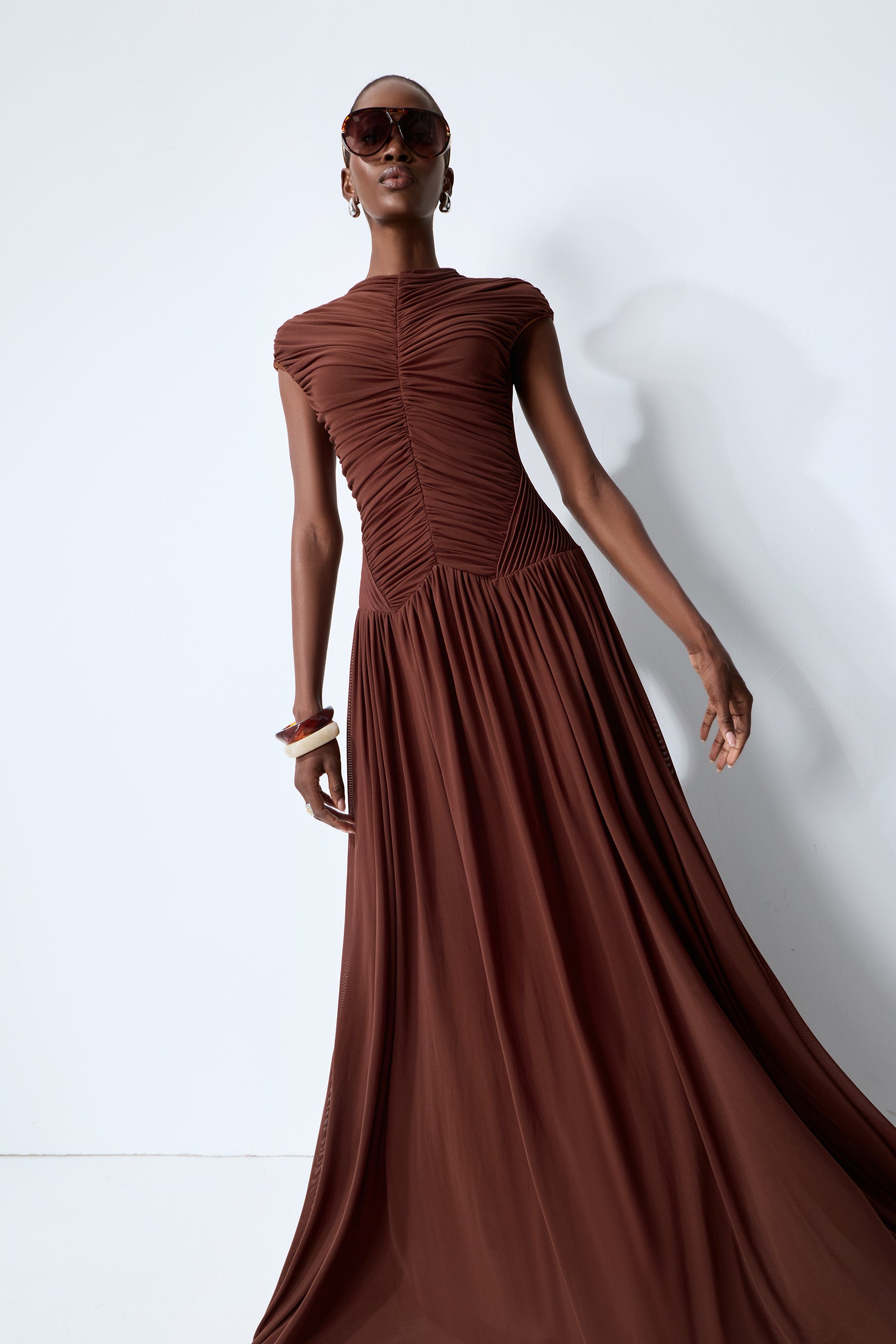 Enchanting Romantic Brown Cap Sleeve Ruched Knit Maxi Dress