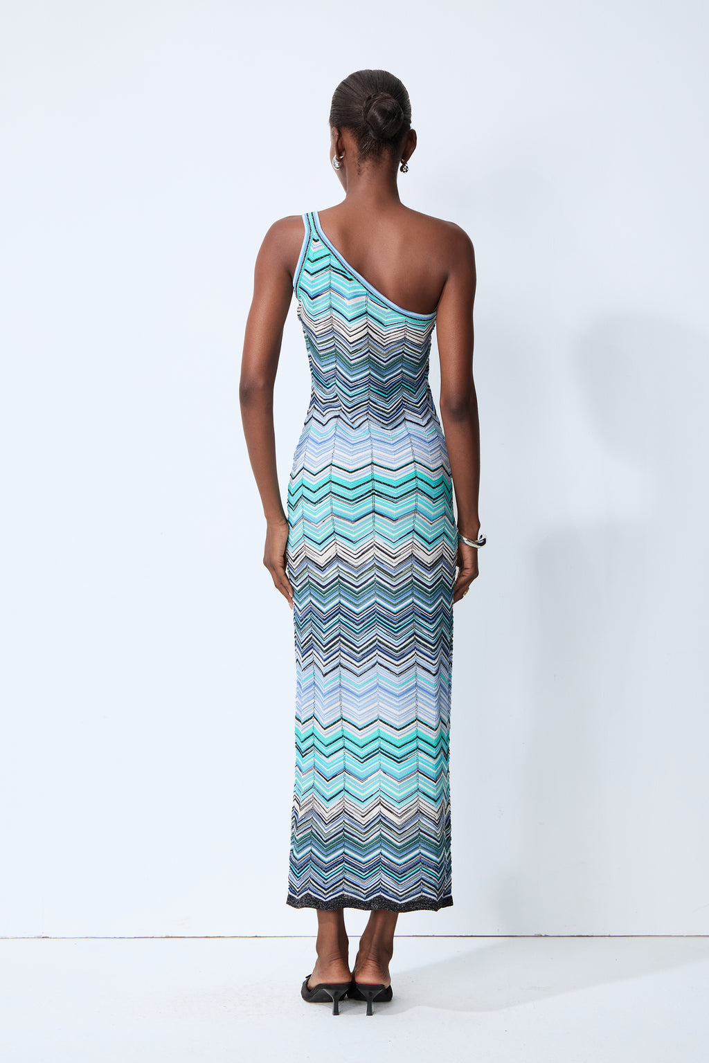 Chasing Paradise Blue Chevron One Shoulder Maxi Dress