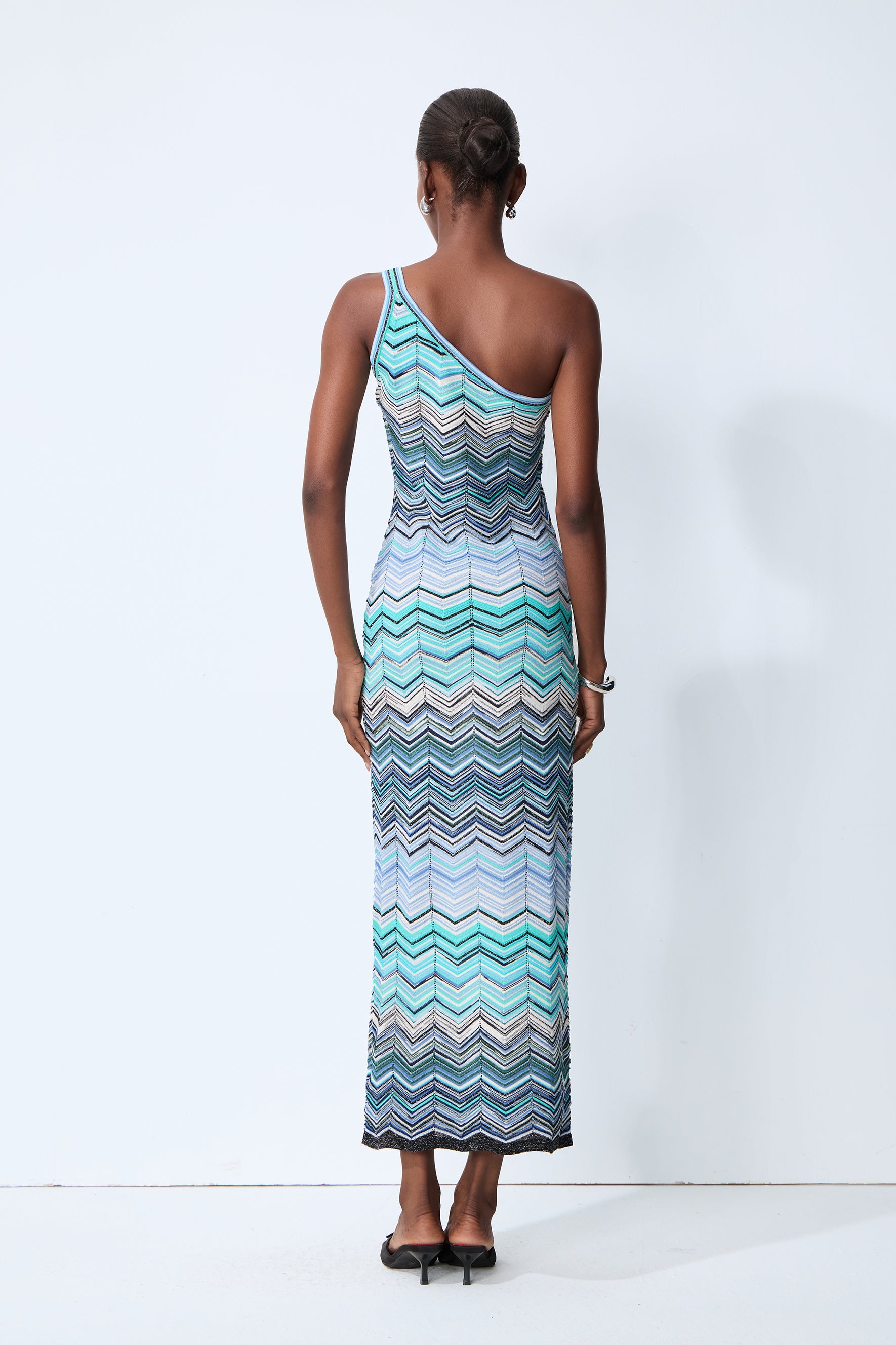Chasing Paradise Blue Chevron One Shoulder Maxi Dress