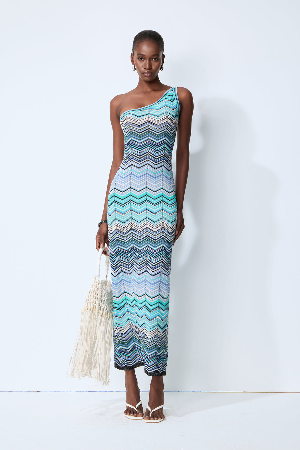 Chasing Paradise Blue Chevron One Shoulder Maxi Dress