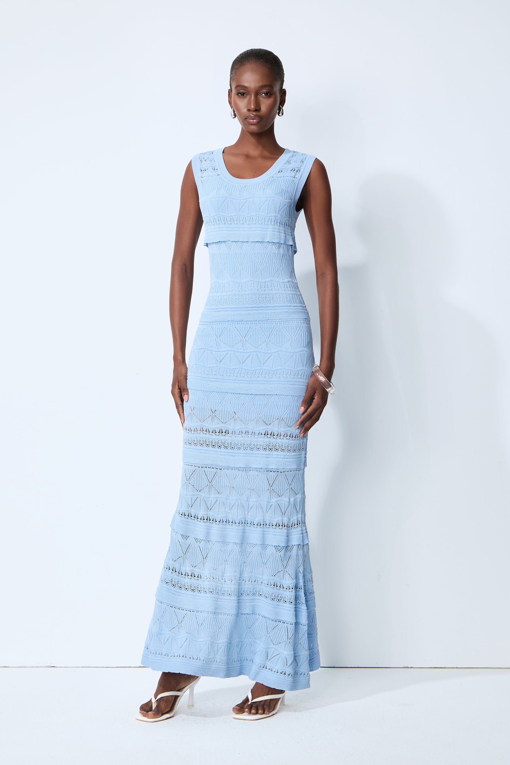 Slow Summer Blue Sleeveless Tiered Knit Maxi Dress