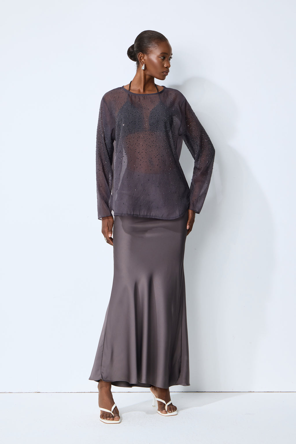 Shine Moment Grey Sheer Rhinestone Embellished Blouse
