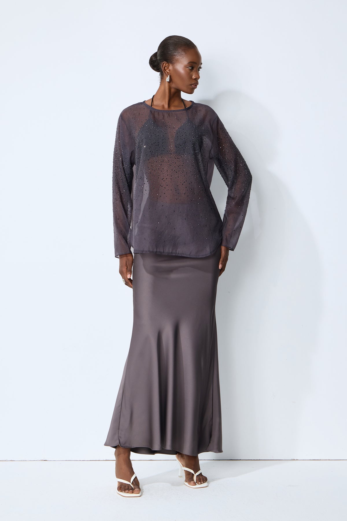 Shine Moment Grey Sheer Rhinestone Embellished Blouse