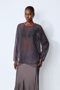 Shine Moment Grey Sheer Rhinestone Embellished Blouse