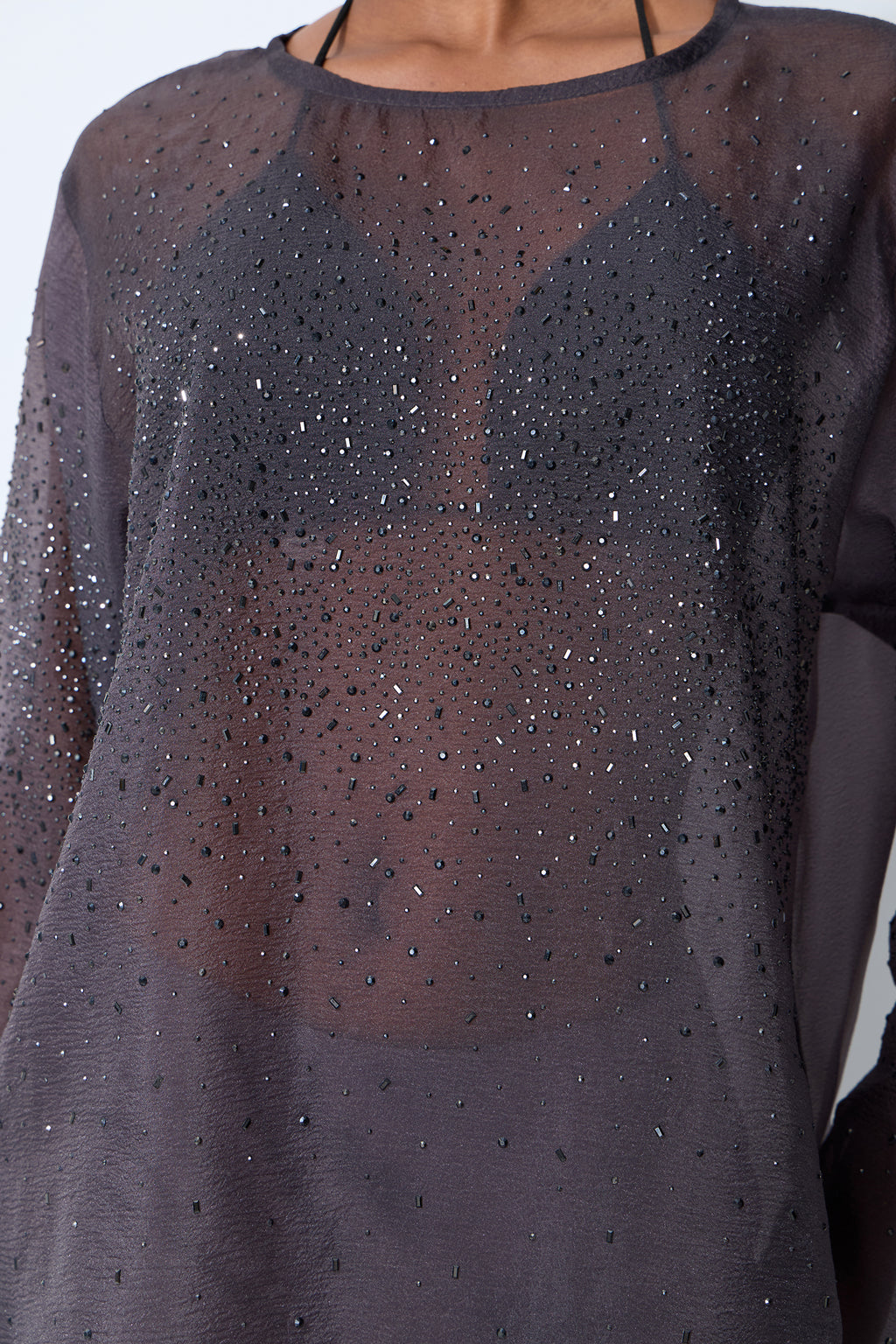 Shine Moment Grey Sheer Rhinestone Embellished Blouse
