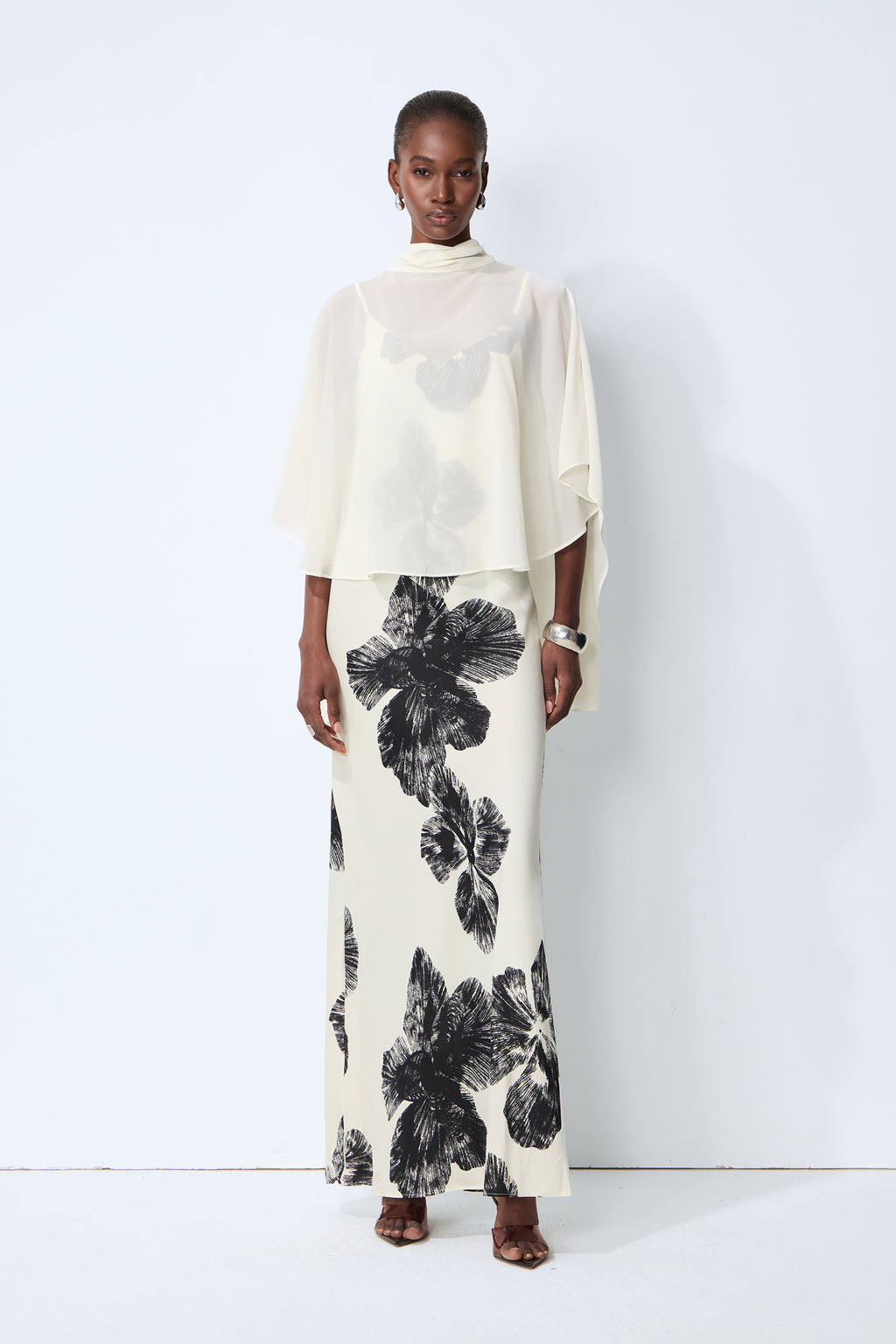 Classic Bloom White Sheer Blouse & Floral Print Dress Set
