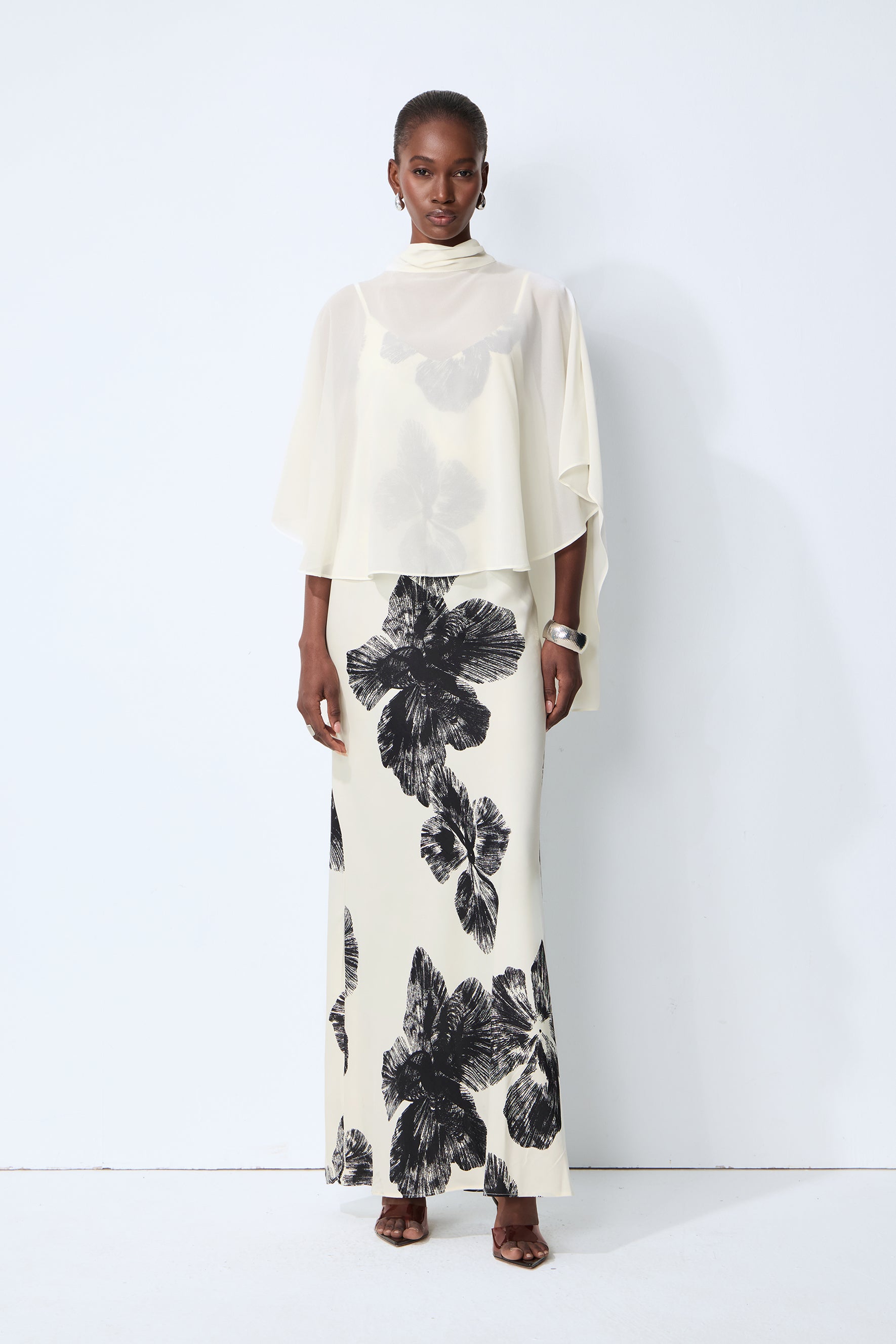 Classic Bloom White Sheer Blouse & Floral Print Dress Set