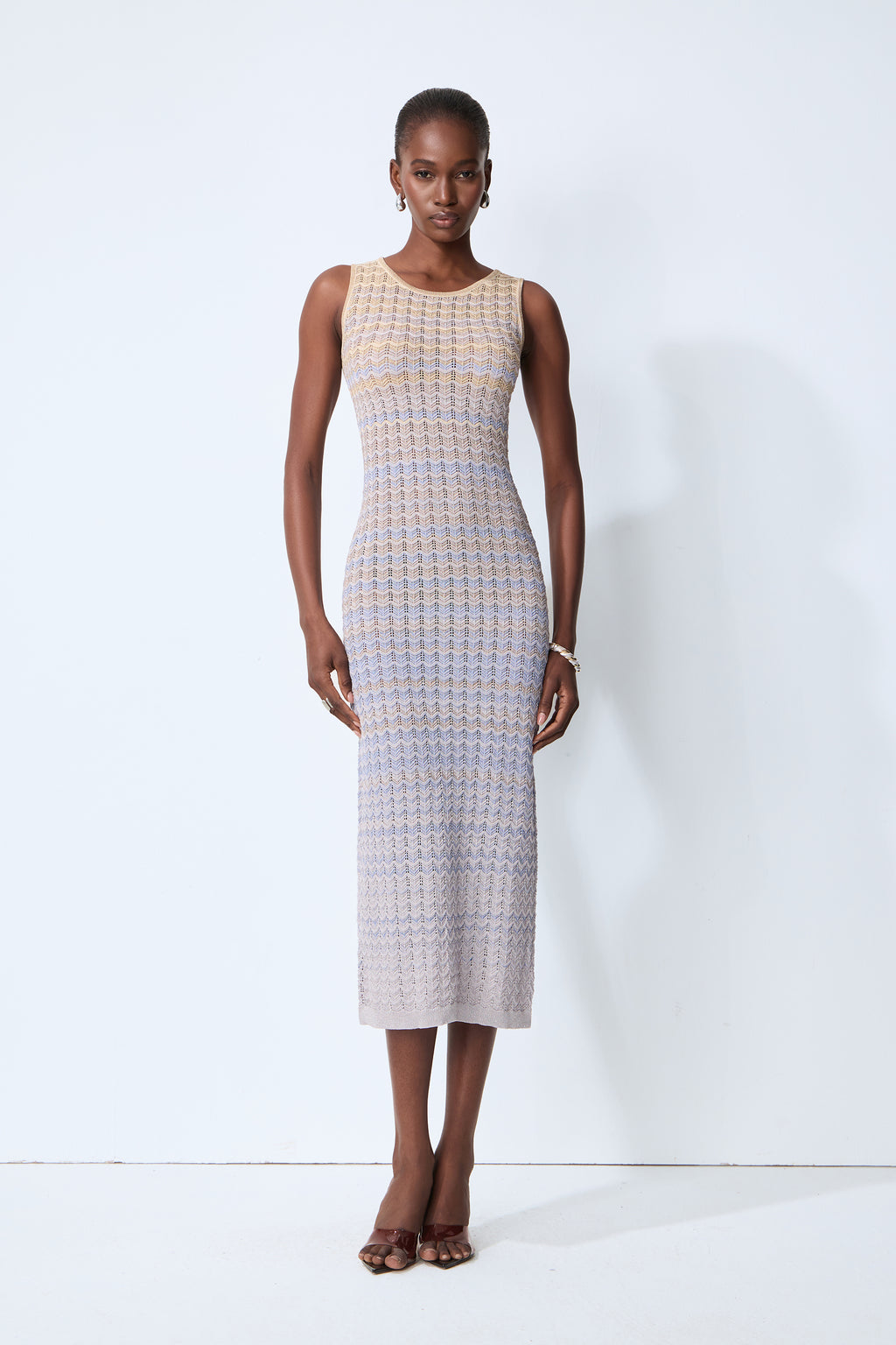 Sweetest Feeling Blue Sleeveless Chevron Knit Midi Dress
