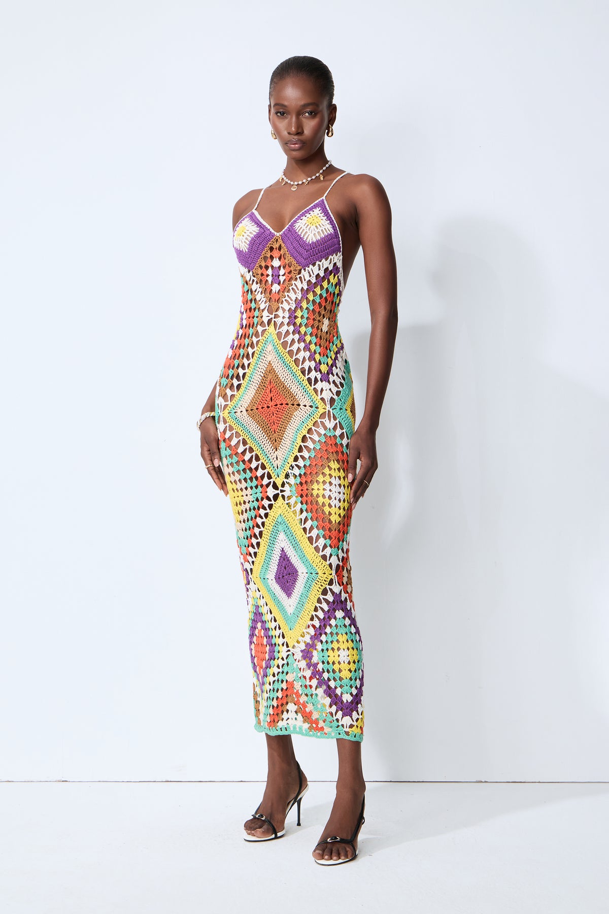 Sunkissed Shores Multi Crochet Geometric Spaghetti Strap Maxi Dress