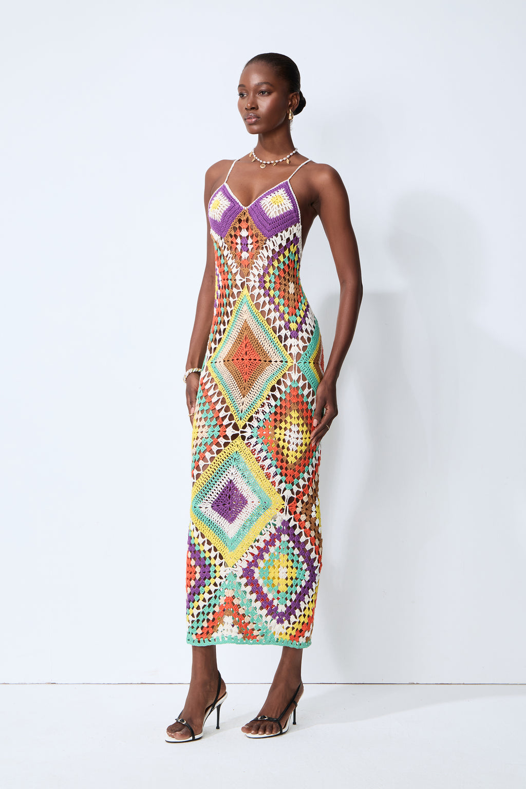 Sunkissed Shores Multi Crochet Geometric Spaghetti Strap Maxi Dress