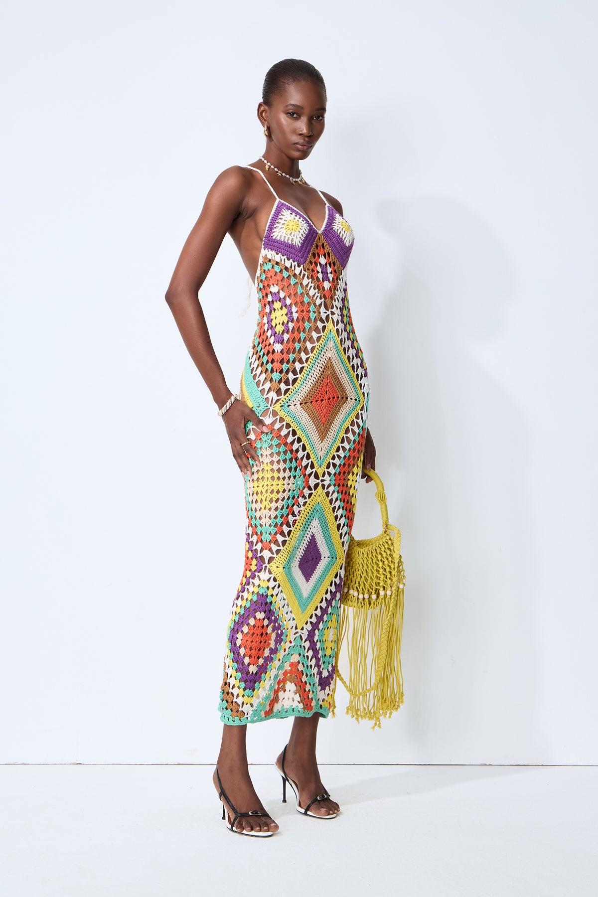 Sunkissed Shores Multi Crochet Geometric Spaghetti Strap Maxi Dress
