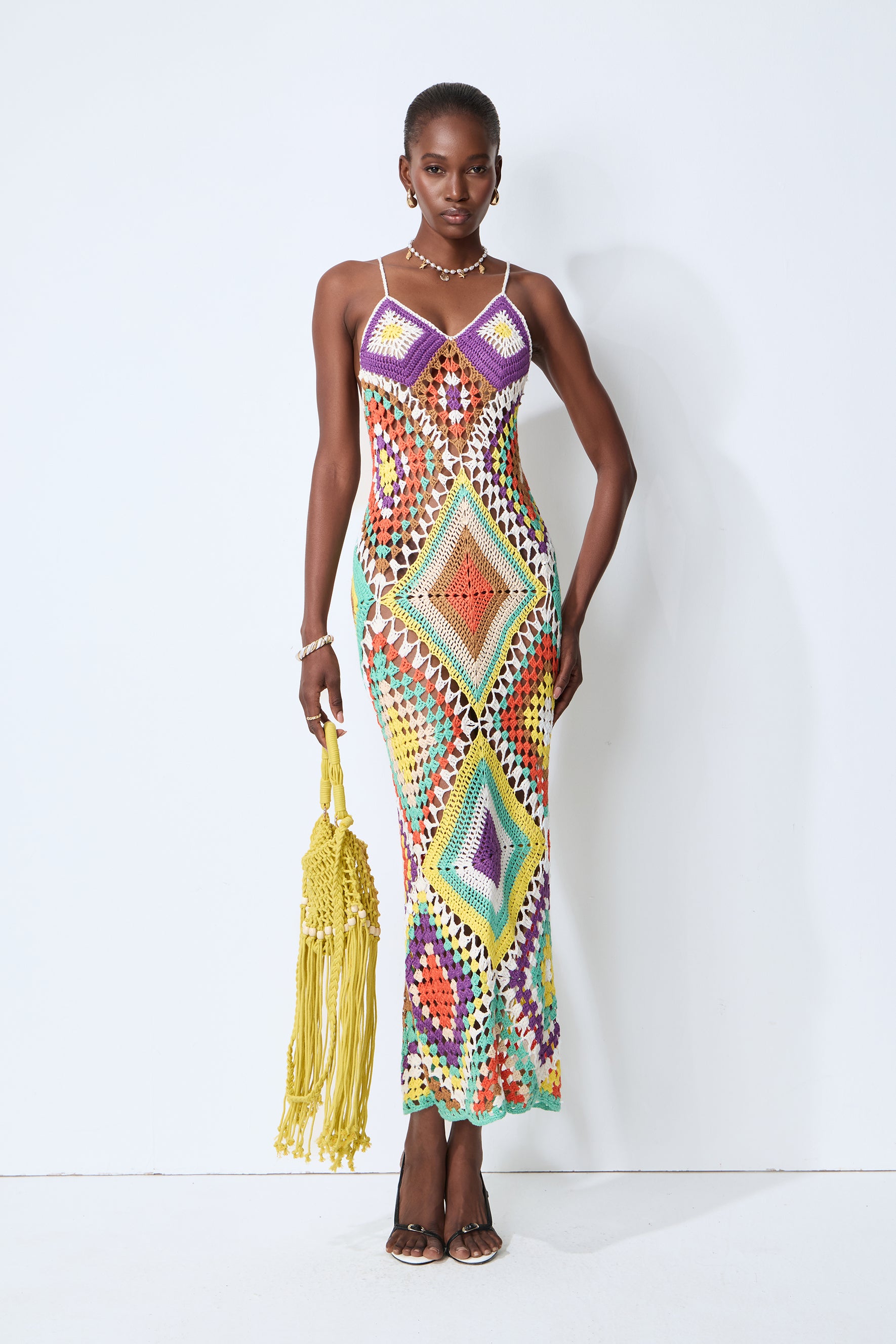 Sunkissed Shores Multi Crochet Geometric Spaghetti Strap Maxi Dress