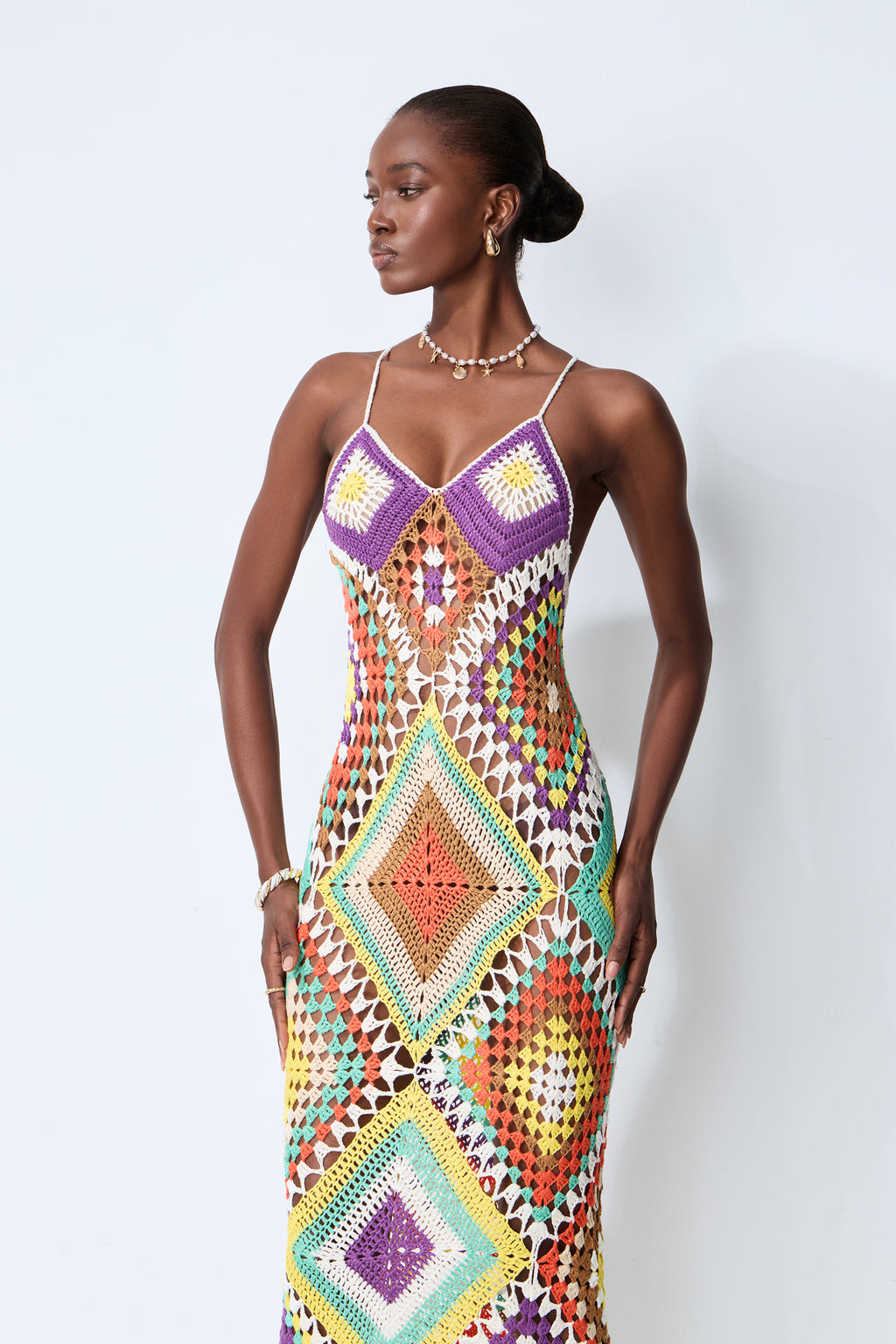 Sunkissed Shores Multi Crochet Geometric Spaghetti Strap Maxi Dress