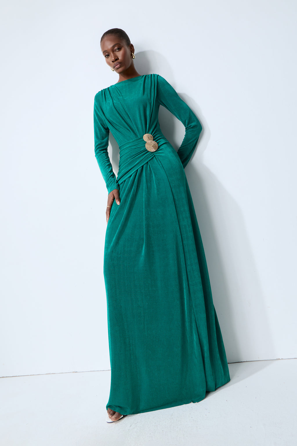 Serenade Me Green Long Sleeve Ruched Maxi Dress