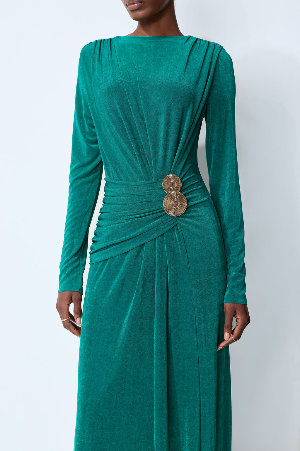 Serenade Me Green Long Sleeve Ruched Maxi Dress