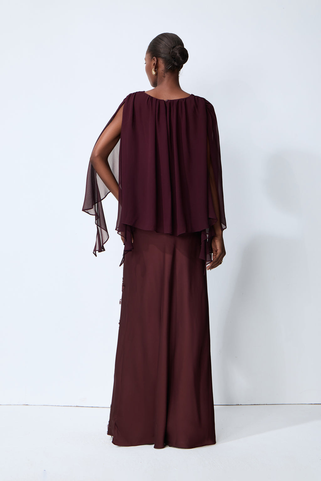 Going Out Tonight Burgundy Chiffon Cape Sleeve Blouse