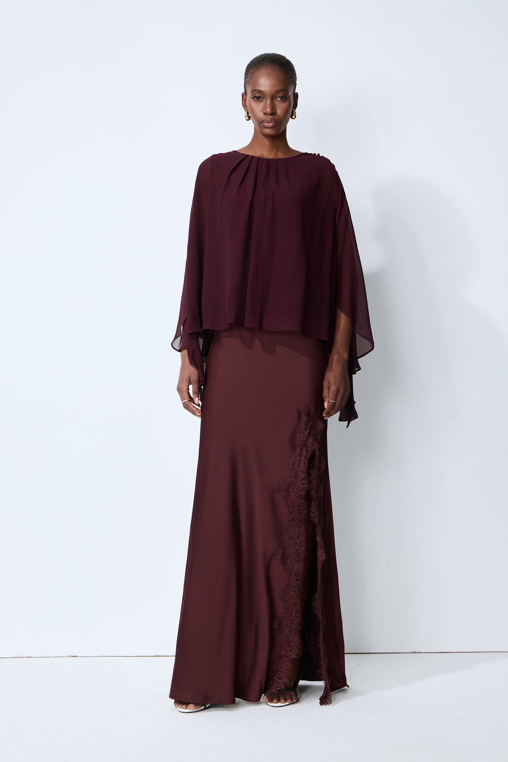 Going Out Tonight Burgundy Chiffon Cape Sleeve Blouse