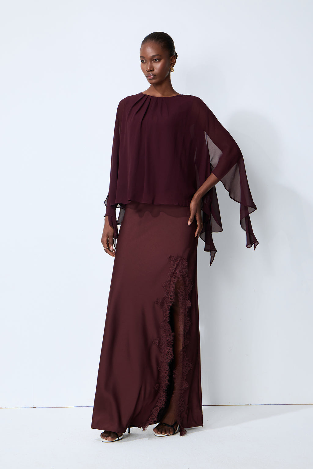 Going Out Tonight Burgundy Chiffon Cape Sleeve Blouse