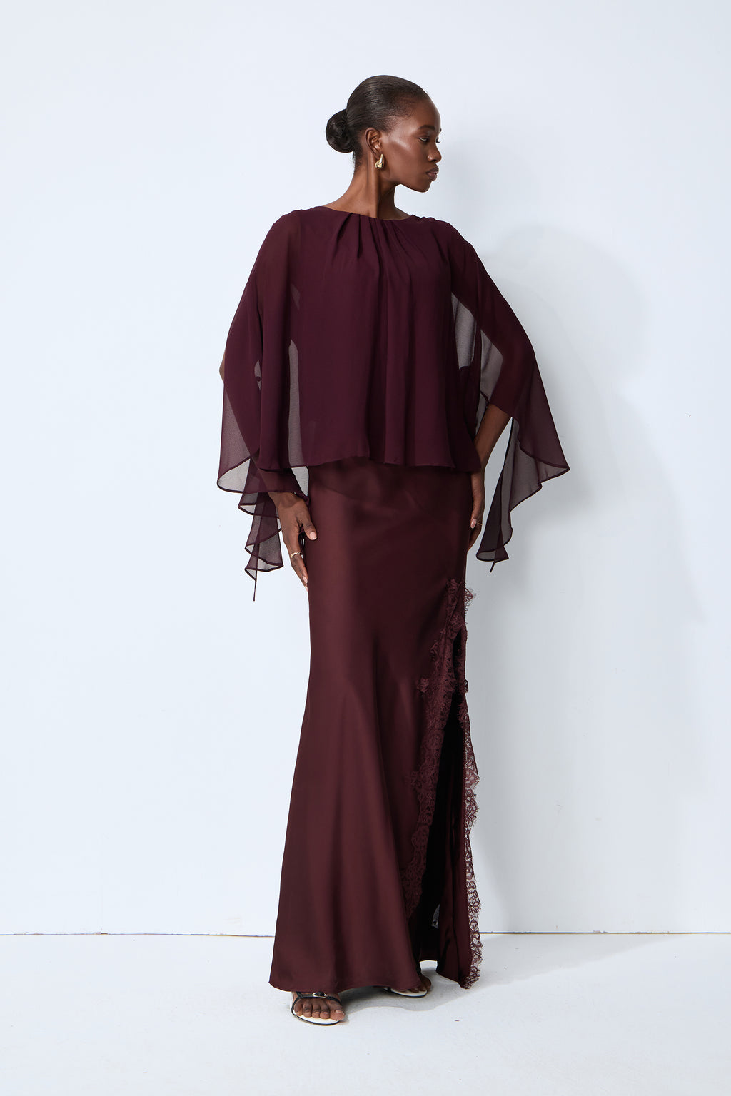 Going Out Tonight Burgundy Chiffon Cape Sleeve Blouse