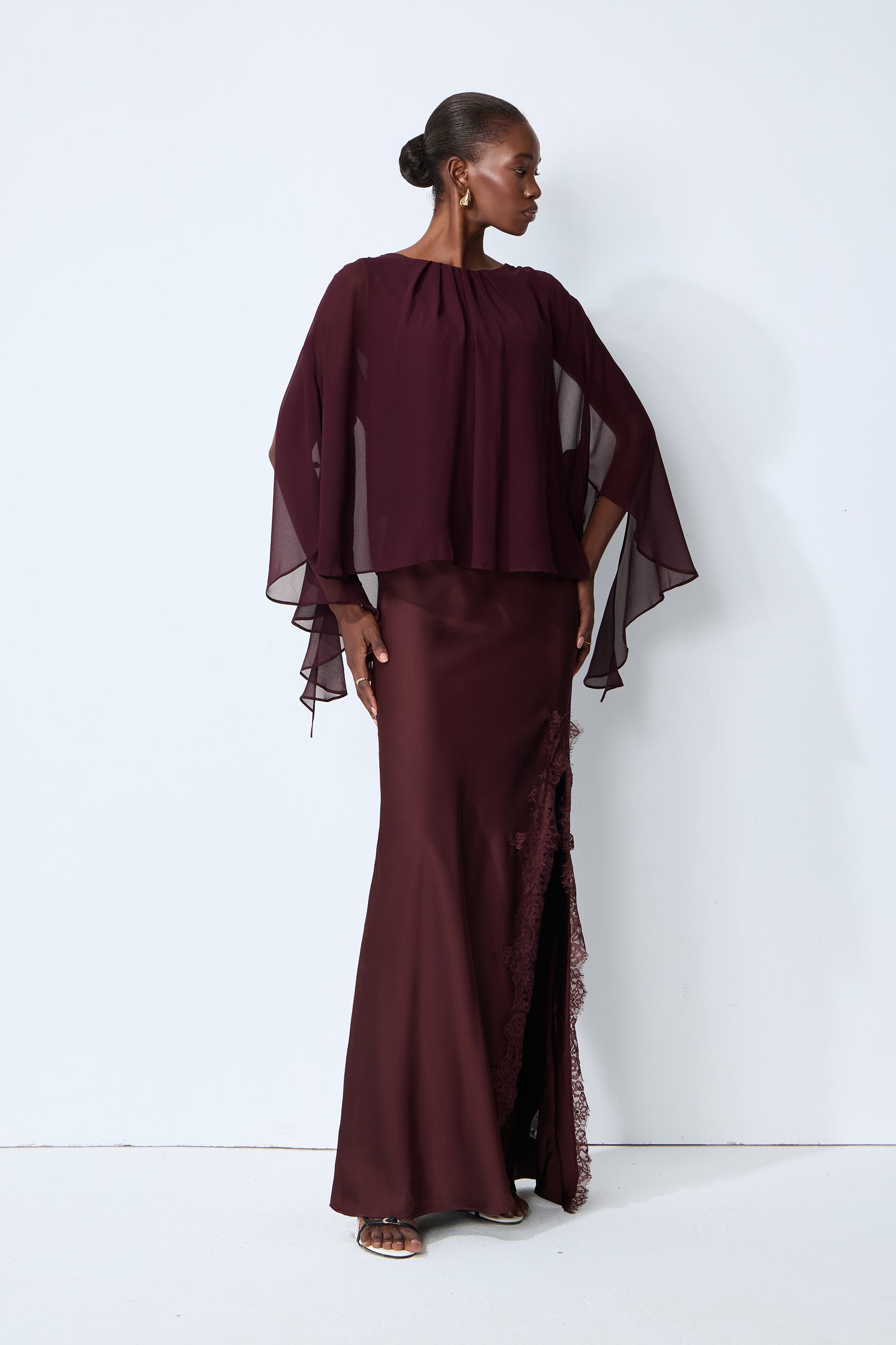 Going Out Tonight Burgundy Chiffon Cape Sleeve Blouse