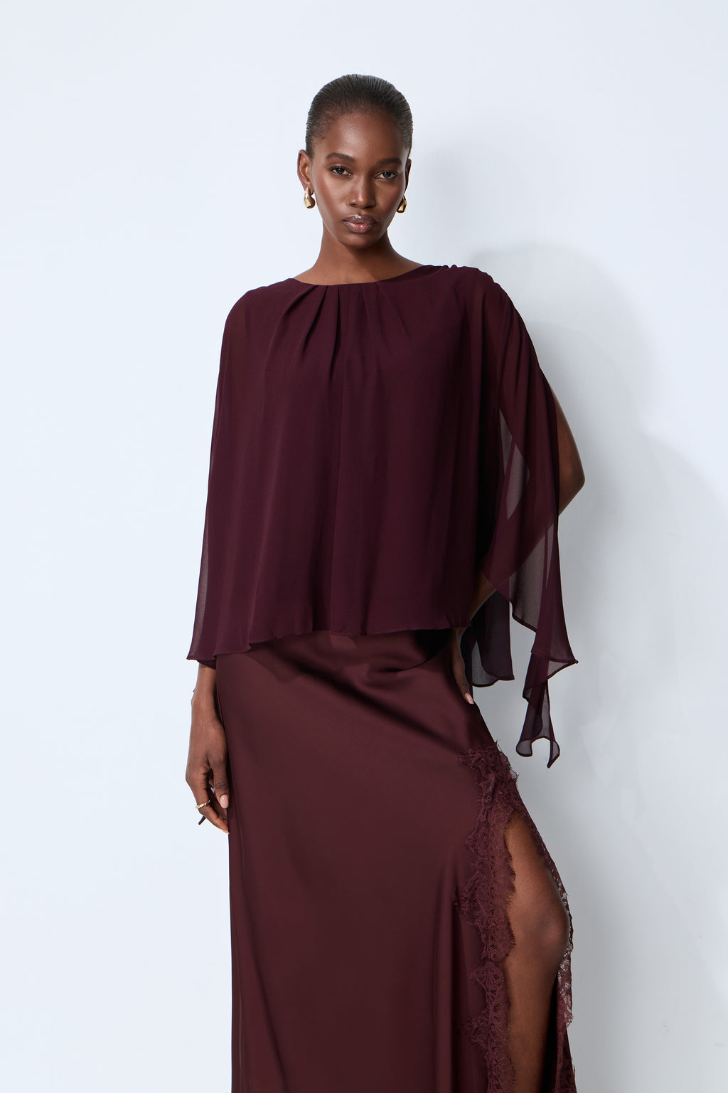 Going Out Tonight Burgundy Chiffon Cape Sleeve Blouse