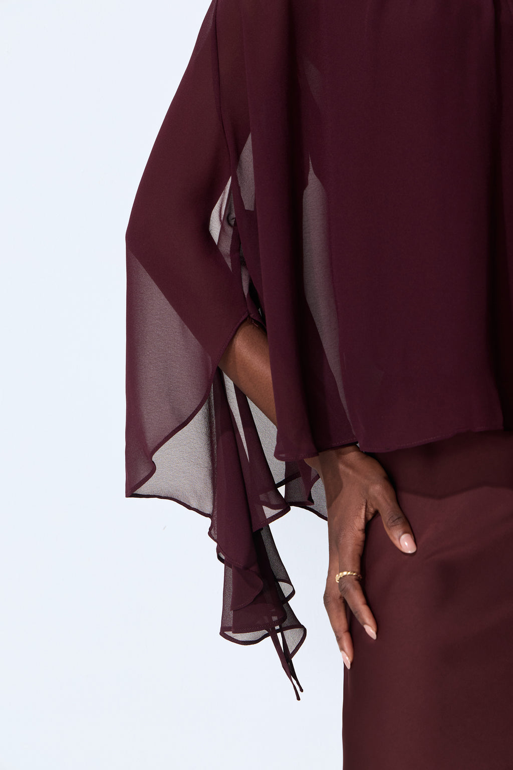Going Out Tonight Burgundy Chiffon Cape Sleeve Blouse