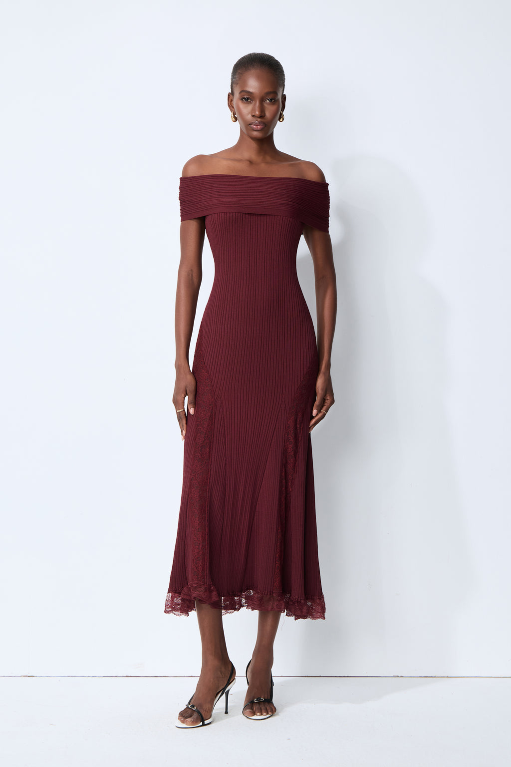 Magic Memory Burgundy Off Shoulder Lace Hem Knit Midi Dress