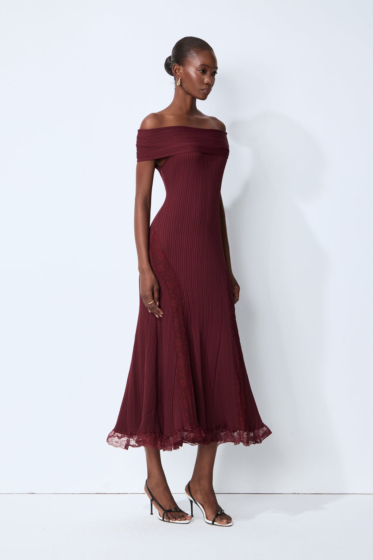 Magic Memory Burgundy Off Shoulder Lace Hem Knit Midi Dress
