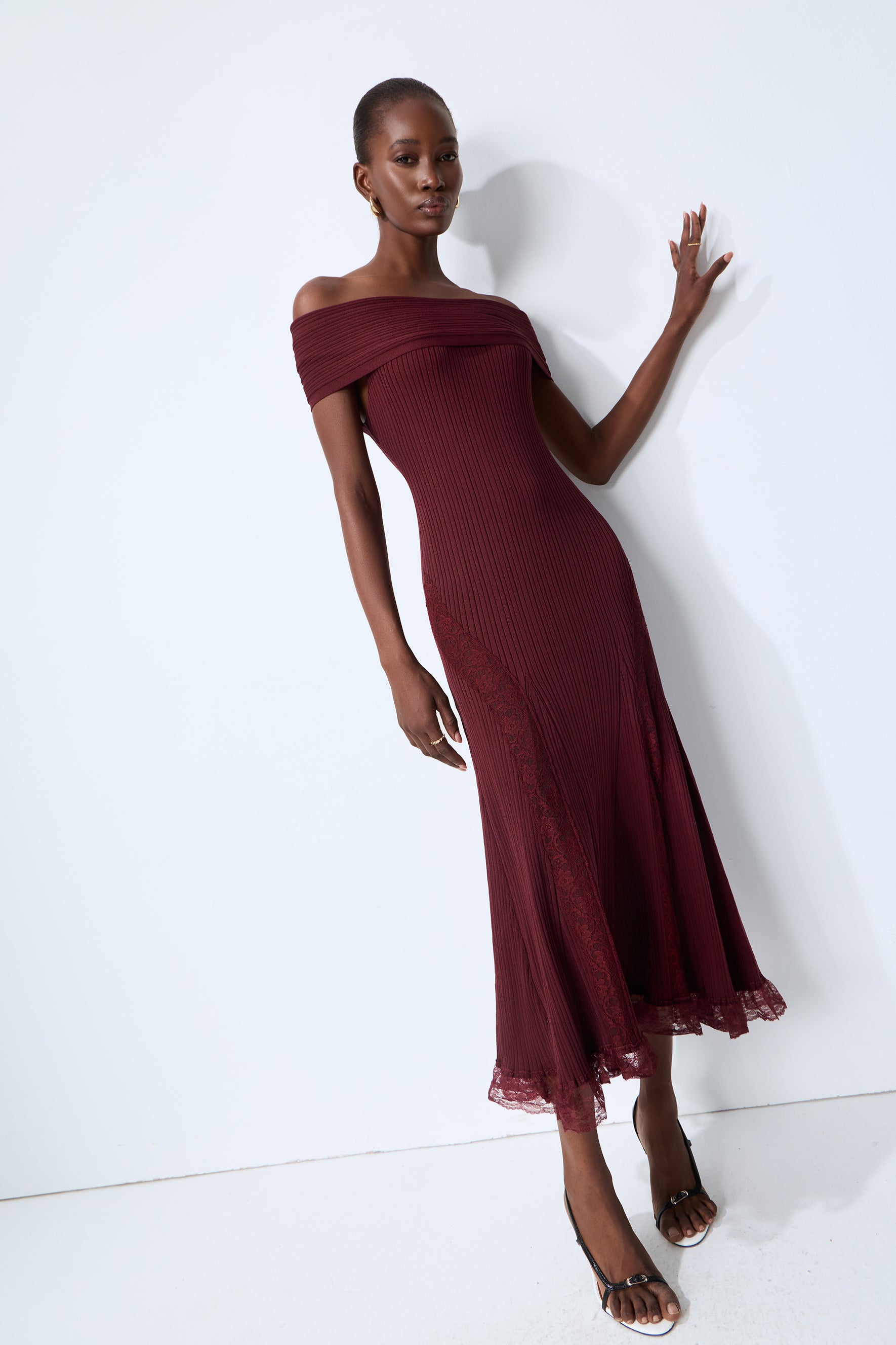Magic Memory Burgundy Off Shoulder Lace Hem Knit Midi Dress