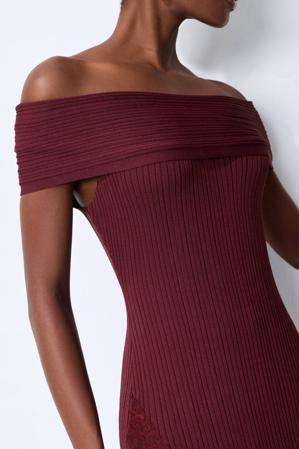 Magic Memory Burgundy Off Shoulder Lace Hem Knit Midi Dress