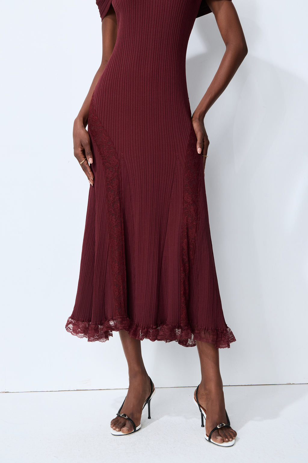 Magic Memory Burgundy Off Shoulder Lace Hem Knit Midi Dress