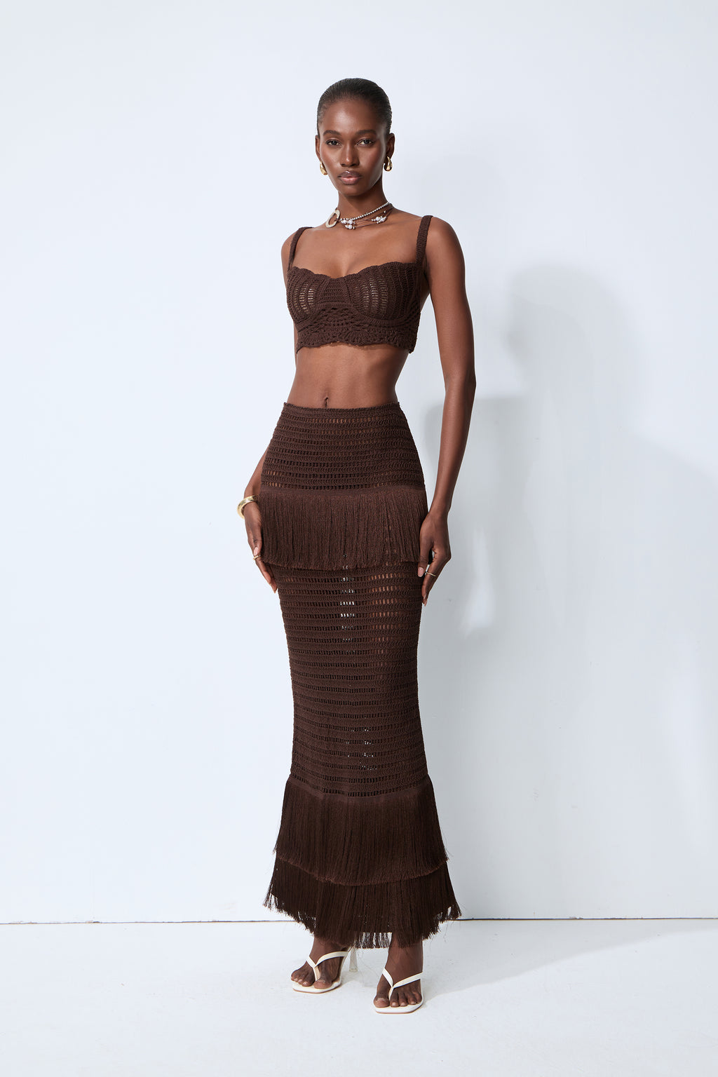 Sunlit Paradise Brown Crochet Knit Top & Fringe Skirt Set