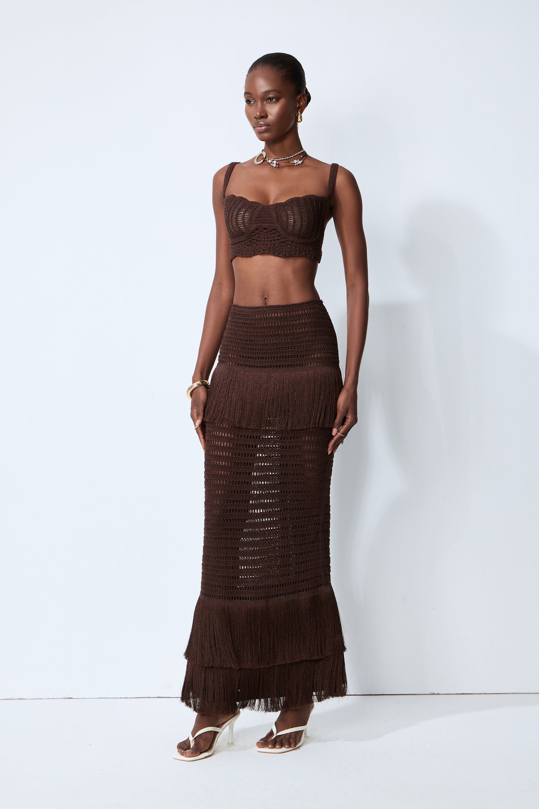 Sunlit Paradise Brown Crochet Knit Top & Fringe Skirt Set