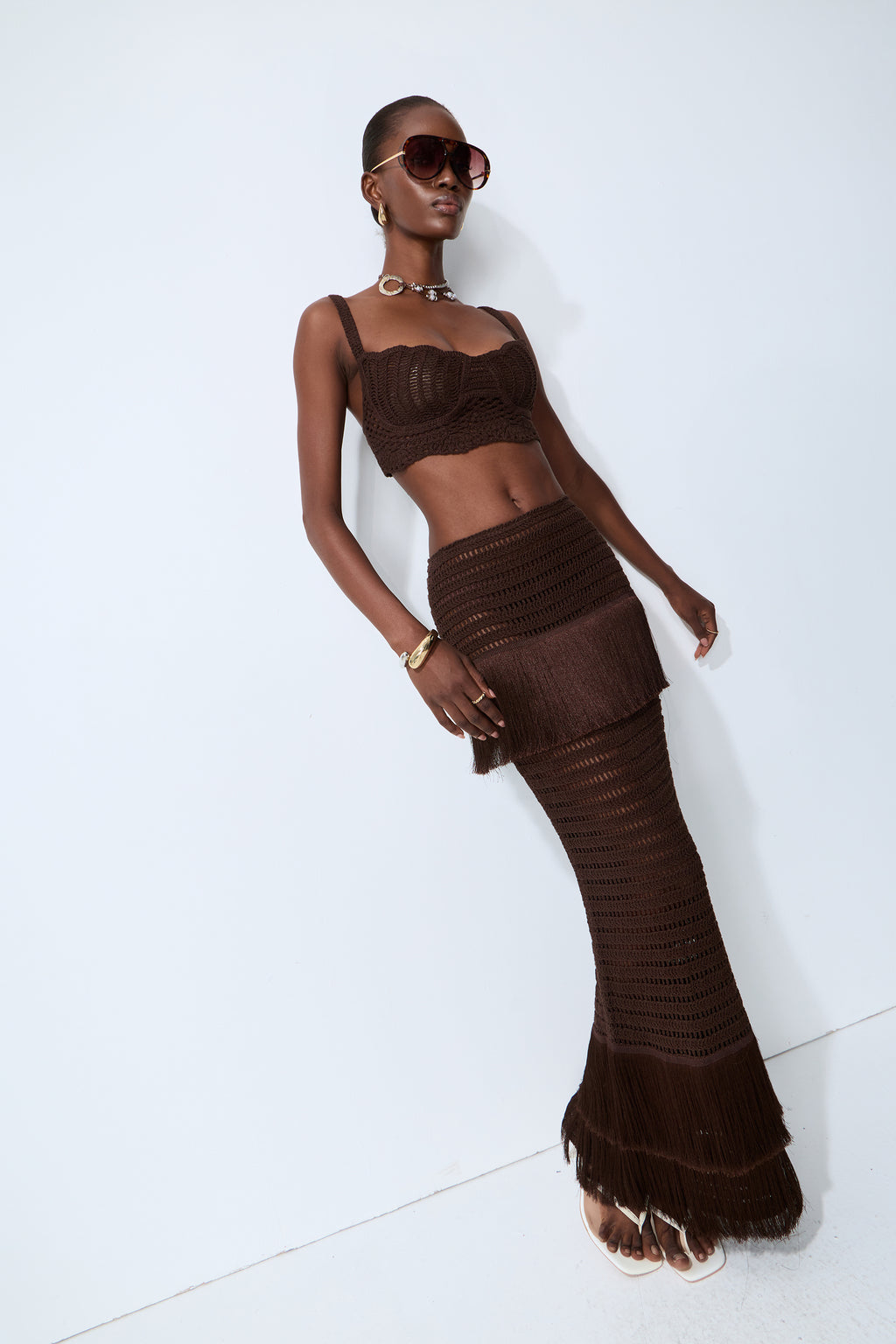 Sunlit Paradise Brown Crochet Knit Top & Fringe Skirt Set