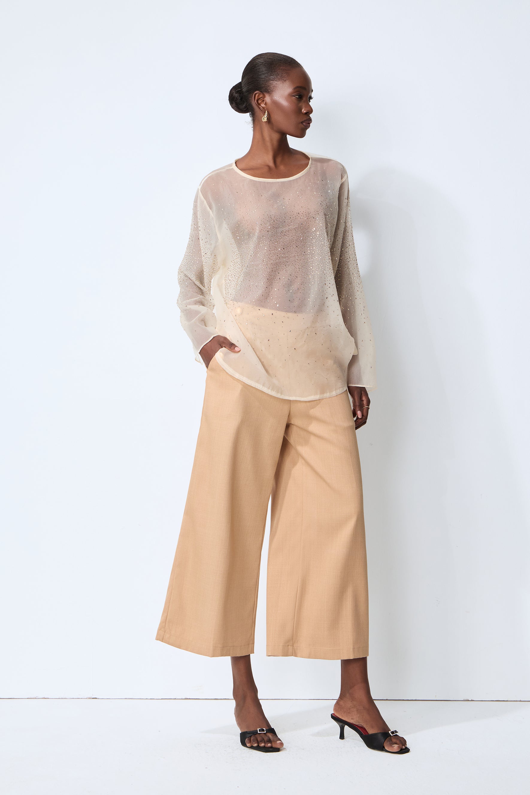 Meet In The City Beige Sheer Crystal Embellished Long Sleeve Top