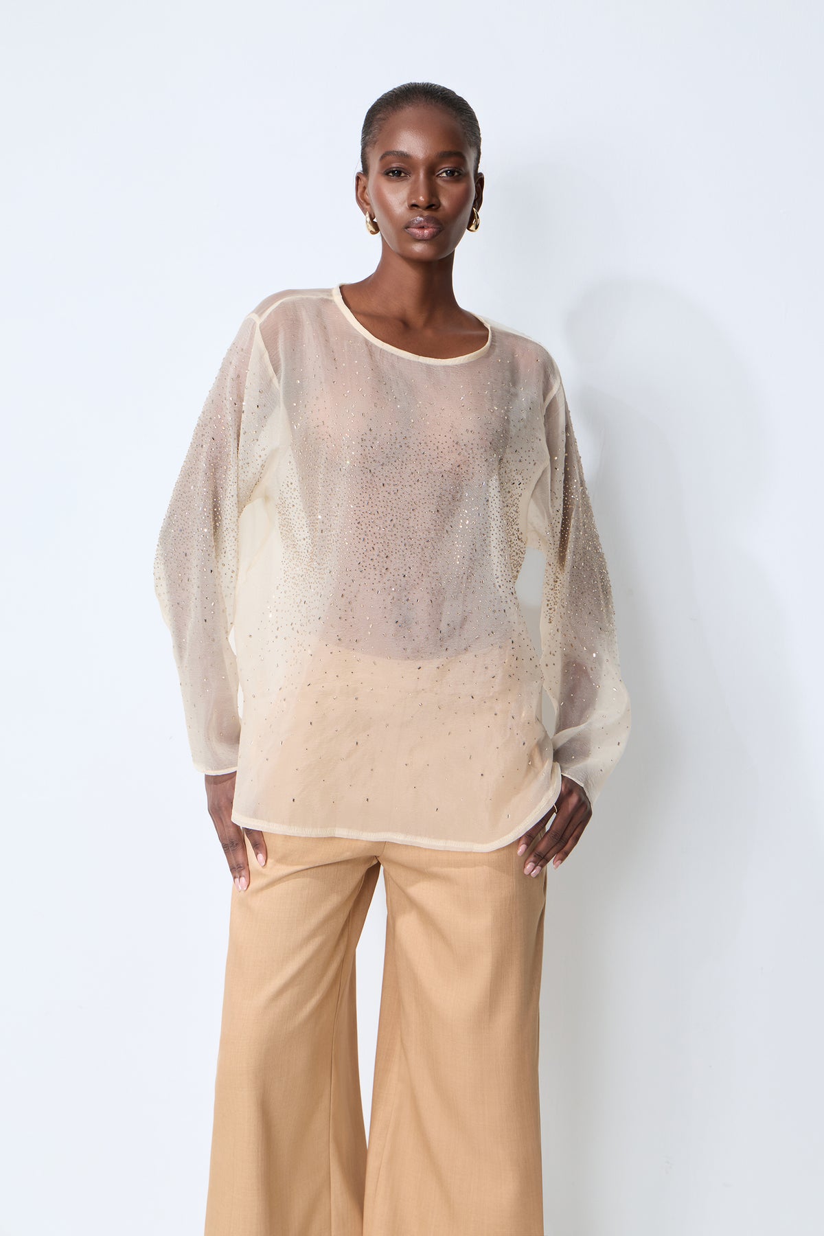 Meet In The City Beige Sheer Crystal Embellished Long Sleeve Top