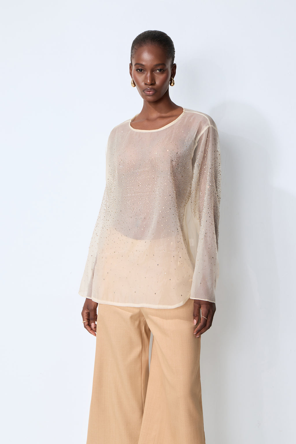 Meet In The City Beige Sheer Crystal Embellished Long Sleeve Top