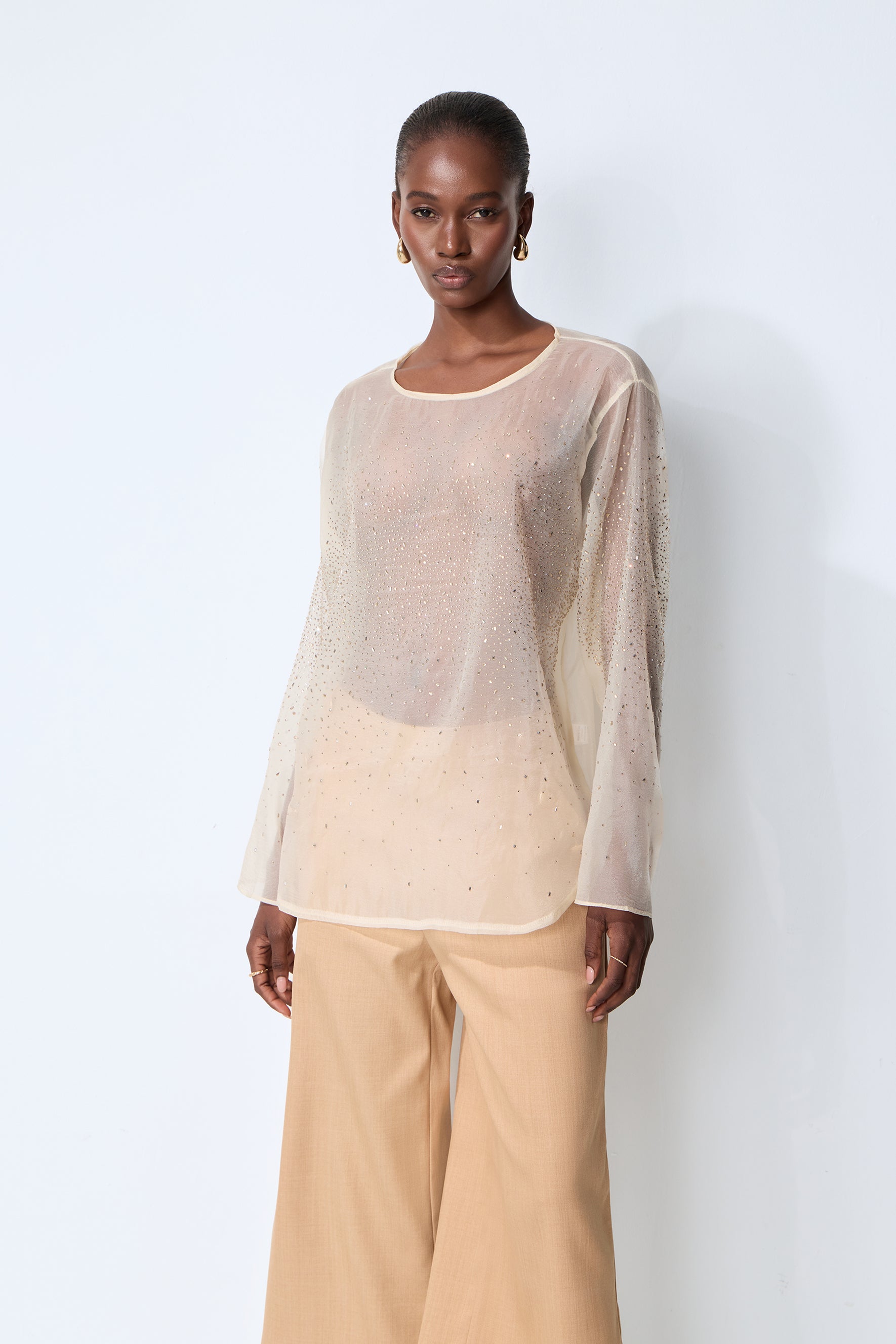 Meet In The City Beige Sheer Crystal Embellished Long Sleeve Top