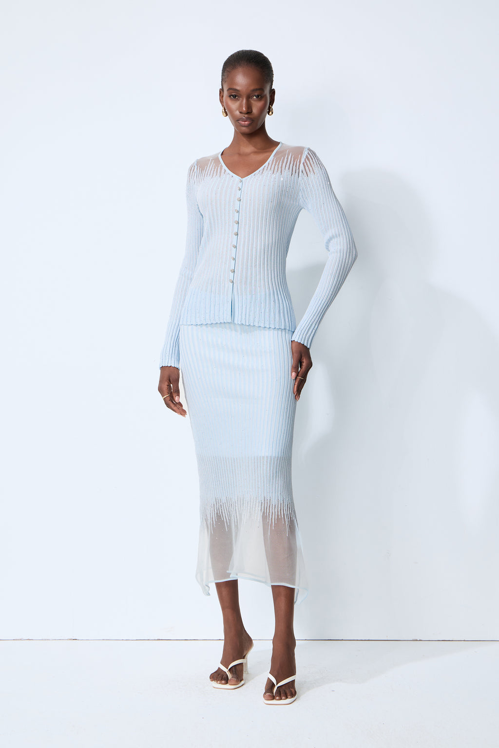 Lazy Day Blue Rhinestone Sheer Knit Top & Skirt Set