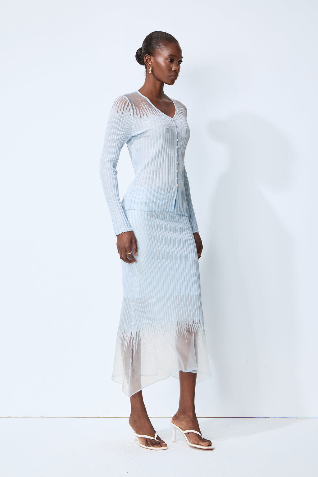 Lazy Day Blue Rhinestone Sheer Knit Top & Skirt Set