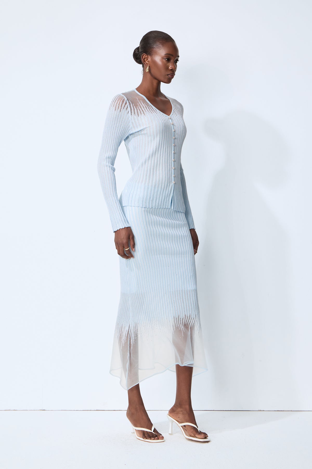Lazy Day Blue Rhinestone Sheer Knit Top & Skirt Set