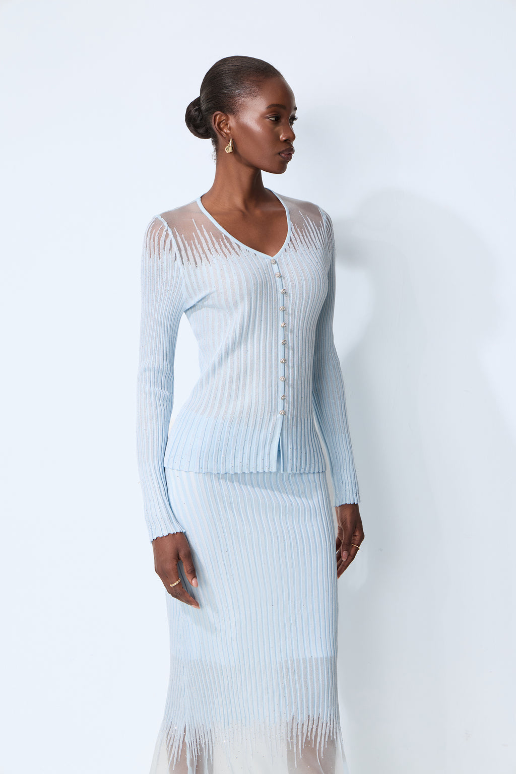 Lazy Day Blue Rhinestone Sheer Knit Top & Skirt Set
