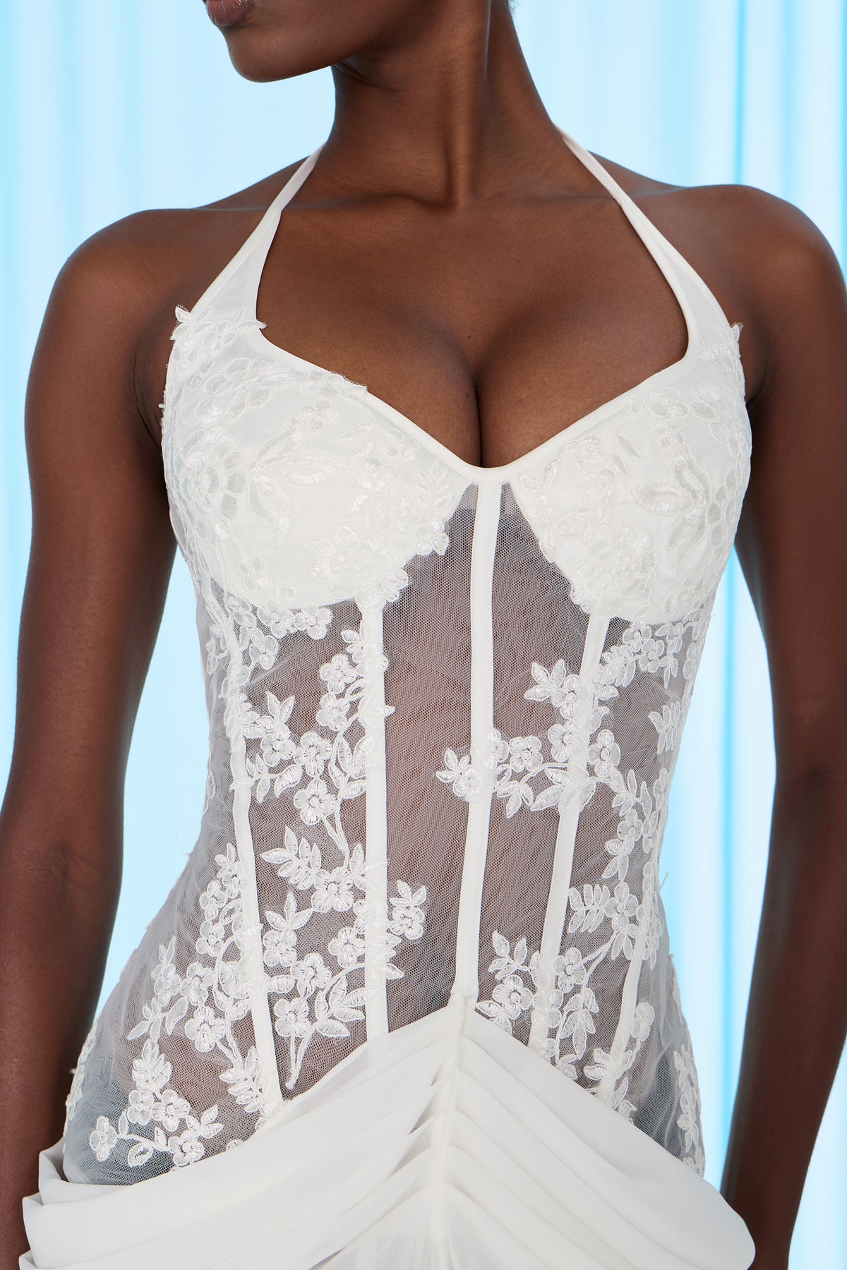 Sultry Persona White Lace Corset High Slit Maxi Dress