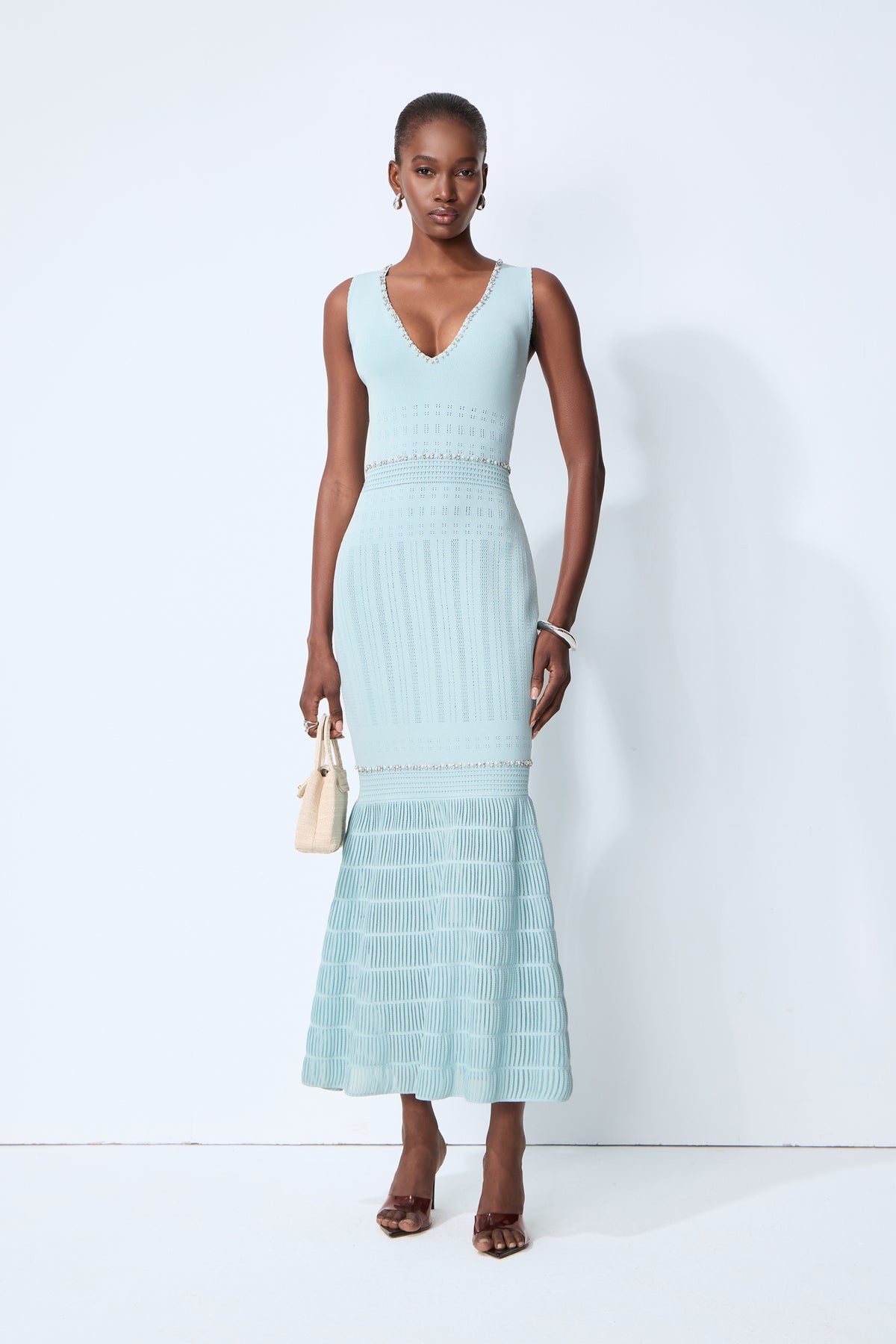 Purely Yours Blue Rhinestone Trim Sleeveless Knit Maxi Dress